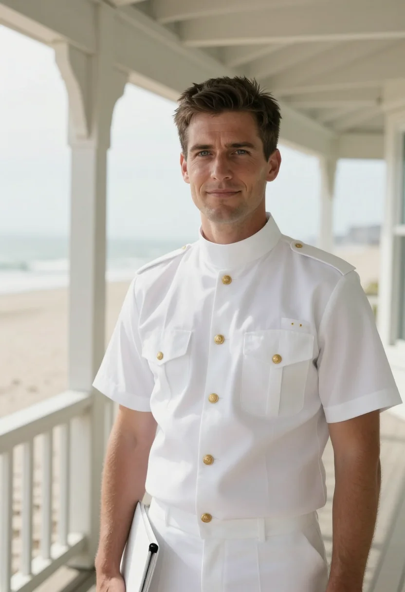 AI coronado naval officer dress whites sample — portrait of a man, of Western-European descent, in his early