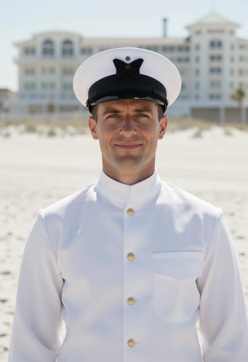 AI coronado naval officer dress whites sample — portrait of a man, of Western-European descent, in his early