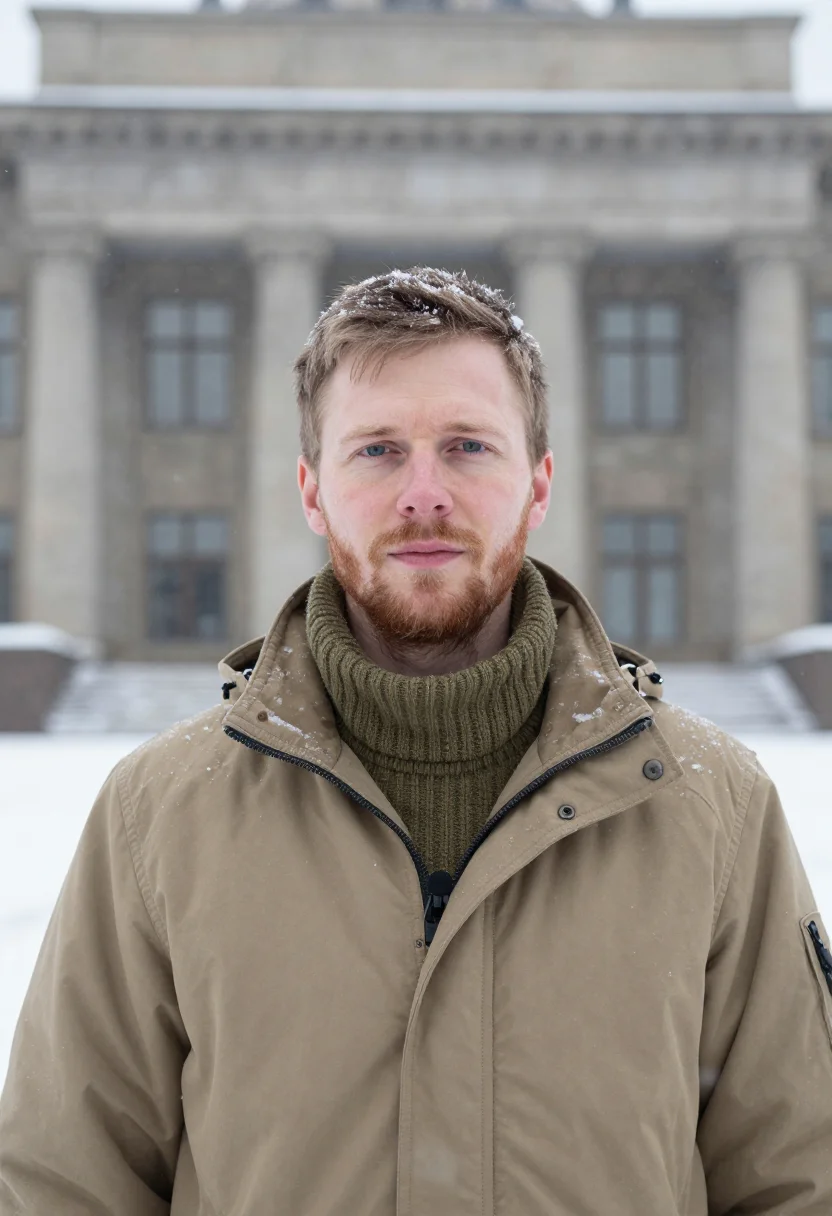AI correspondent snow khaki sample — portrait of a man, framed tight, head and shoulders, the bod