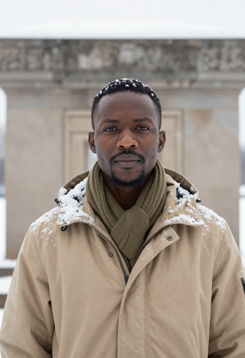 AI correspondent snow khaki sample — portrait of a man, framed chest-up, the crop stopping at the