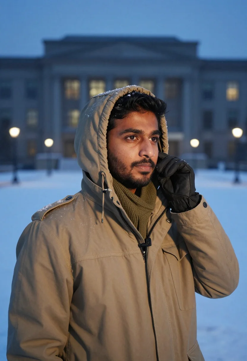 AI correspondent snow khaki sample — portrait of a man, framed chest-up from the ribs with room a