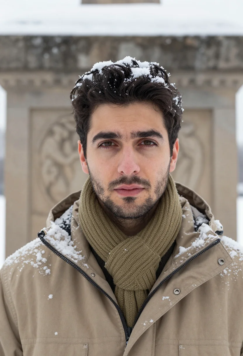 AI correspondent snow khaki sample — portrait of a man, framed tight, head and shoulders, the bod