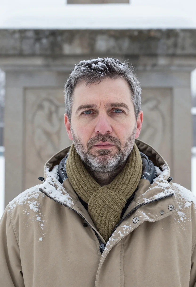 AI correspondent snow khaki sample — portrait of a man, framed tight, head and shoulders, the bod
