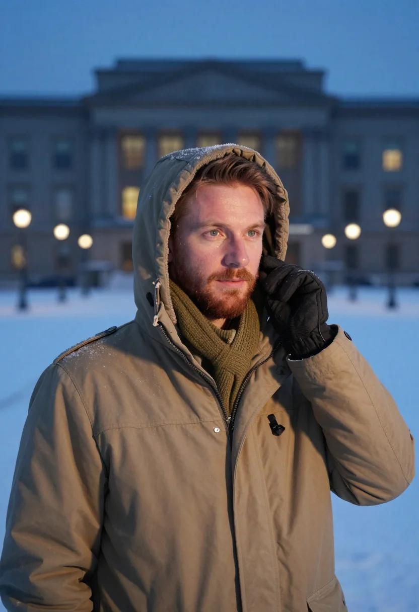 AI correspondent snow khaki sample — portrait of a man, framed chest-up, the crop stopping at the