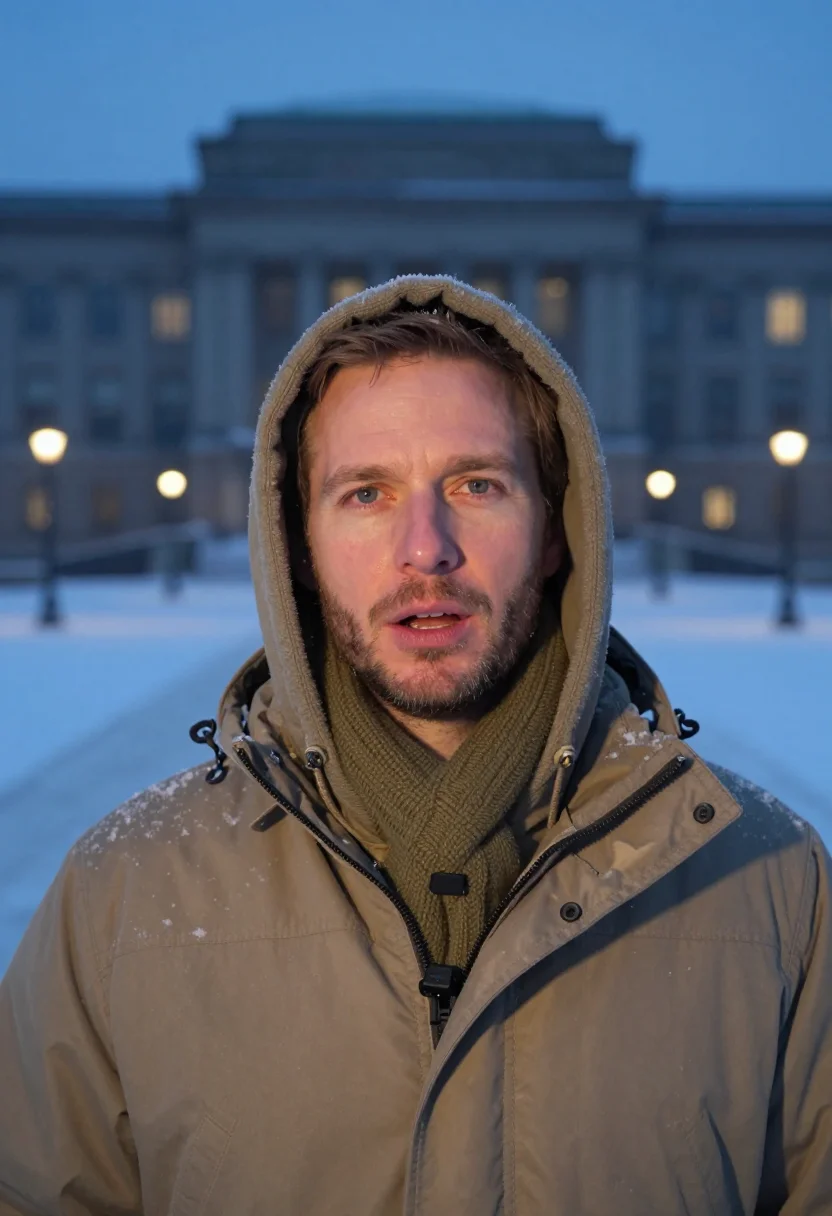 AI correspondent snow khaki sample — portrait of a man, framed tight, head and shoulders, the bod