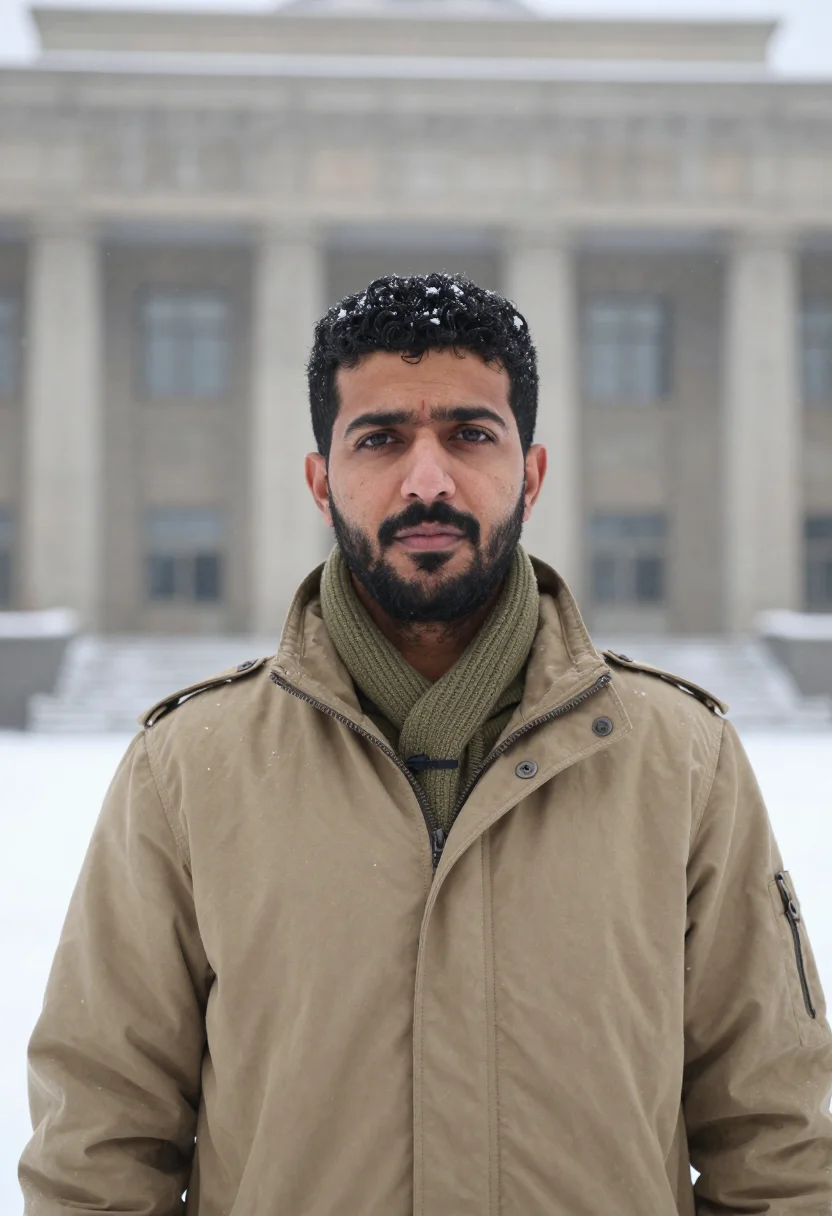 AI correspondent snow khaki sample — portrait of a man, framed chest-up from the ribs with room a