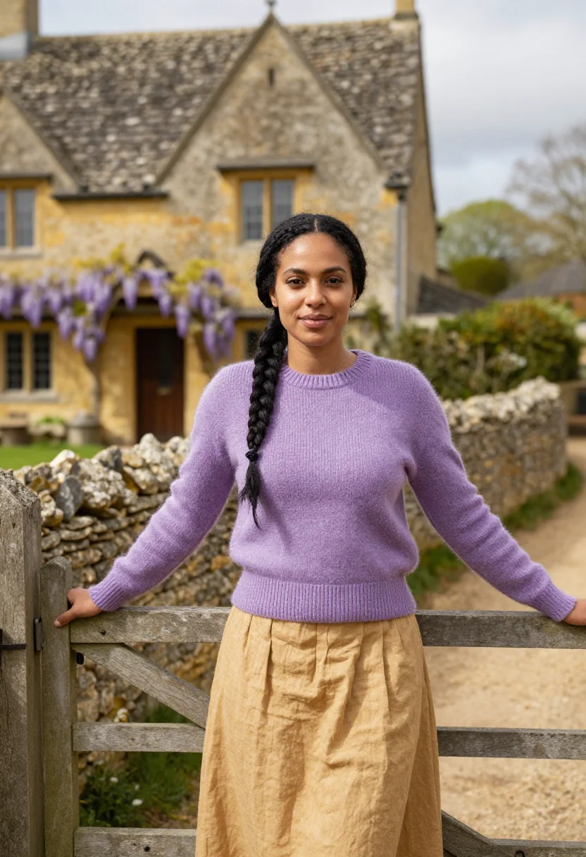 AI cotswolds may wisteria honey sample — portrait of a woman, a traveller in her early thirties with