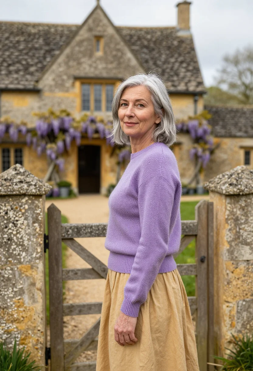 AI cotswolds may wisteria honey sample — portrait of a woman, a traveller in her fifties with fair sk