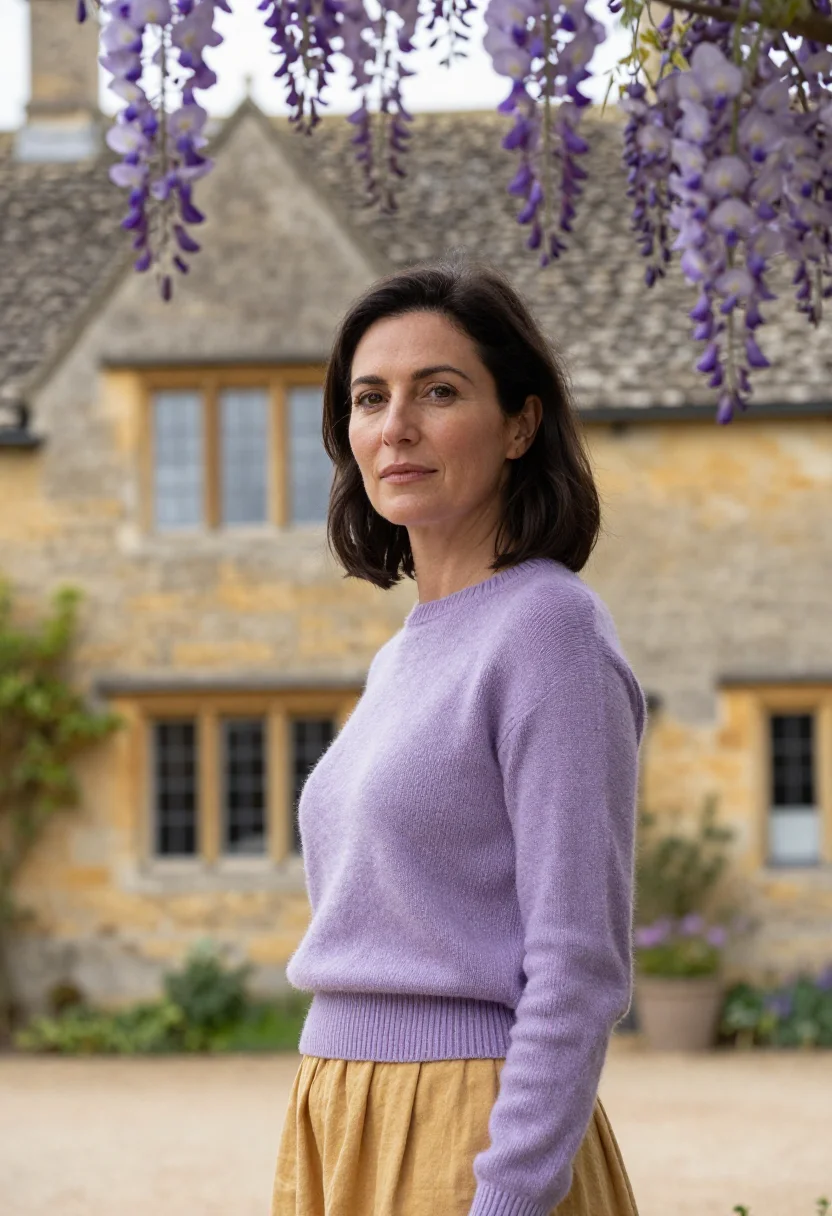 AI cotswolds may wisteria honey sample — portrait of a woman, a traveller in her forties with warm ol