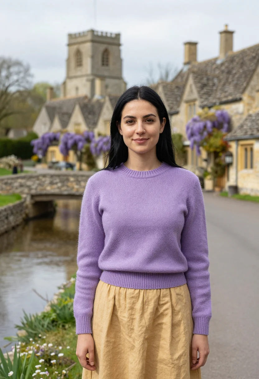 AI cotswolds may wisteria honey sample — portrait of a woman, a traveller in her late twenties with g