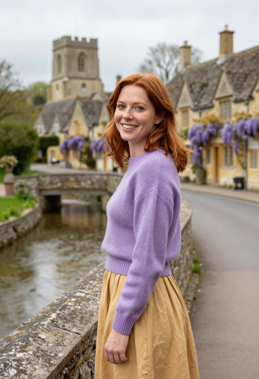 AI cotswolds may wisteria honey sample — portrait of a woman, a traveller in her thirties with fair f
