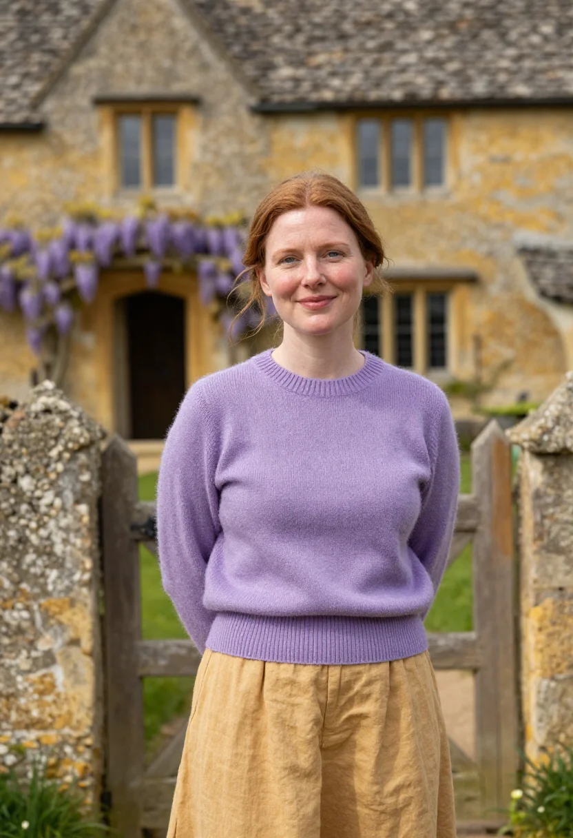 AI cotswolds may wisteria honey sample — portrait of a woman, a traveller in her mid-thirties with ro