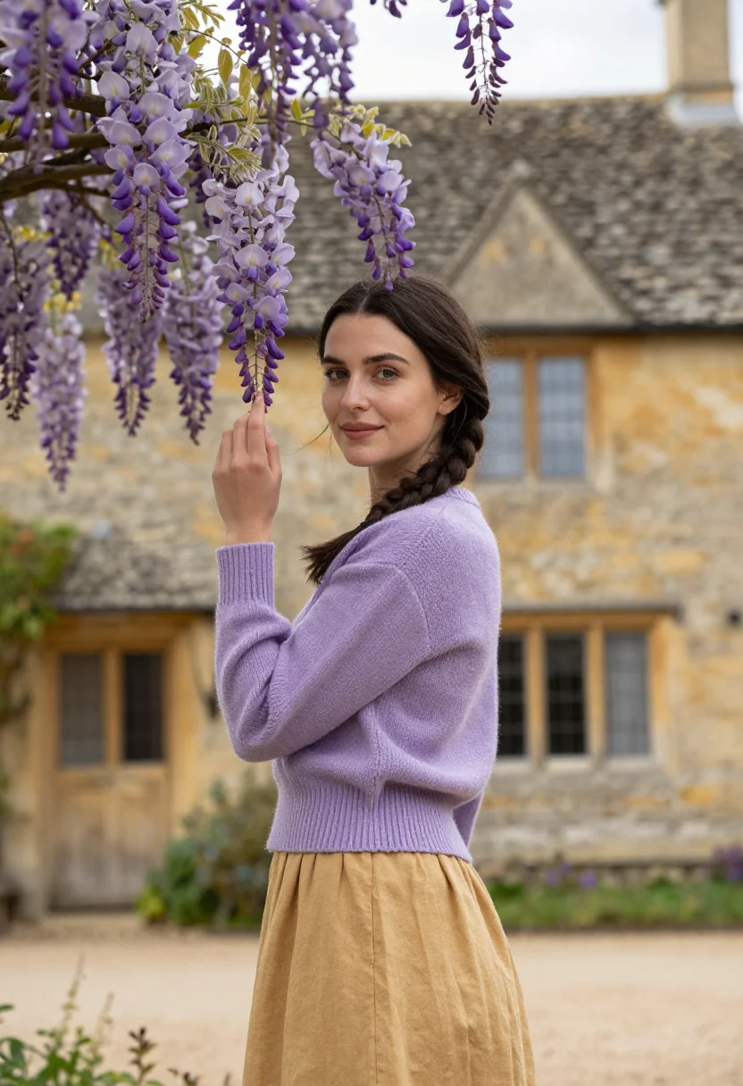 AI cotswolds may wisteria honey sample — portrait of a woman, a traveller in her late twenties with p