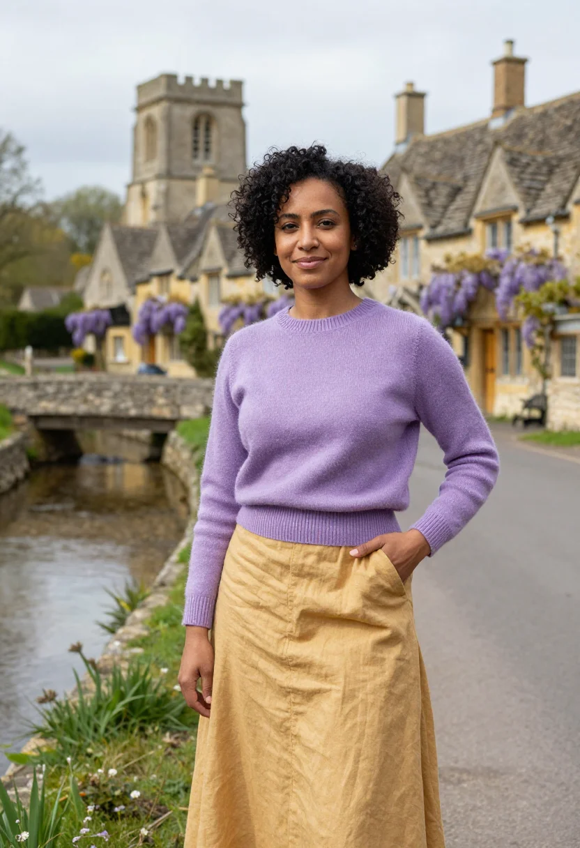 AI cotswolds may wisteria honey sample — portrait of a woman, a traveller in her mid-thirties with wa