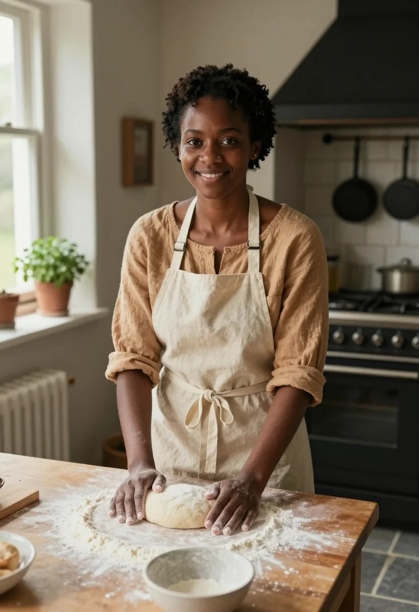 AI cottage kitchen sample — portrait of a woman, knee-up portrait of a Black woman with