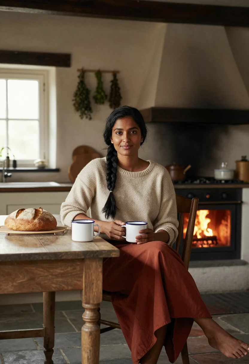 AI cottage kitchen sample — portrait of a woman, knee-up portrait of a South-Asian woman