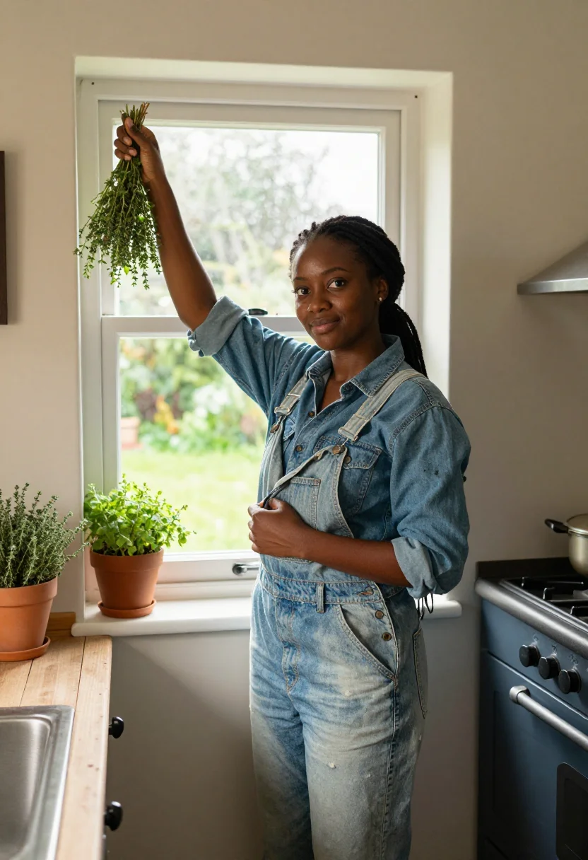 AI cottage kitchen sample — portrait of a woman, knee-up portrait of a Black woman with