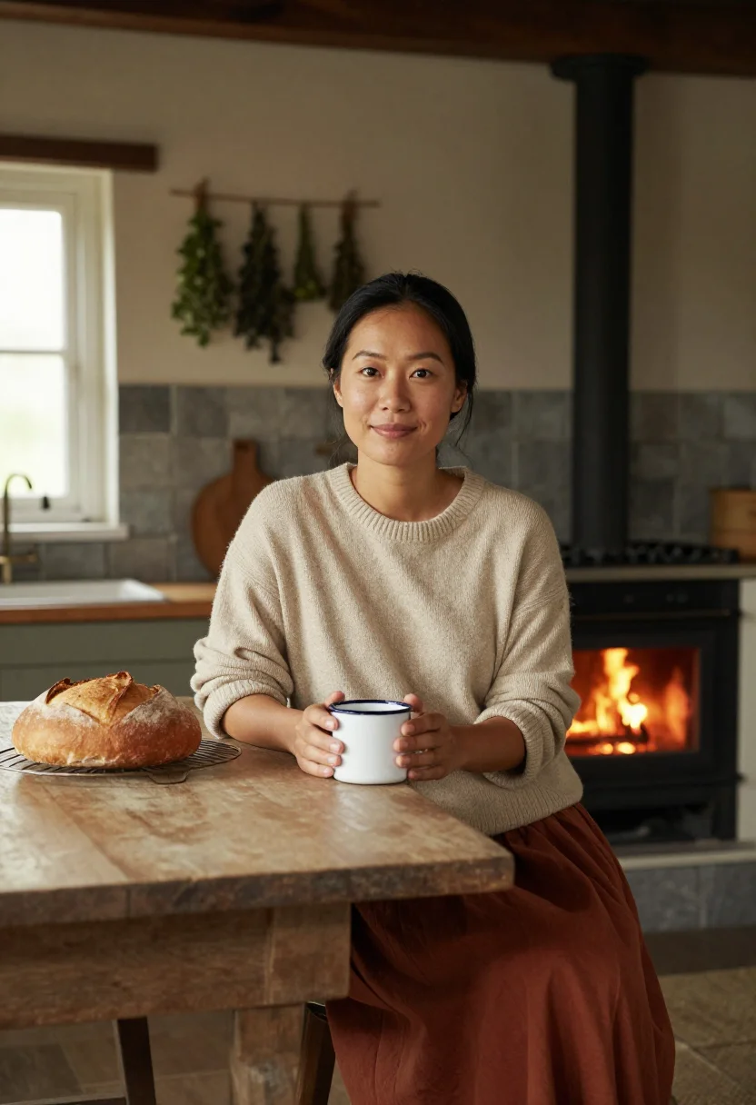 AI cottage kitchen sample — portrait of a woman, half-length portrait of an East-Asian w