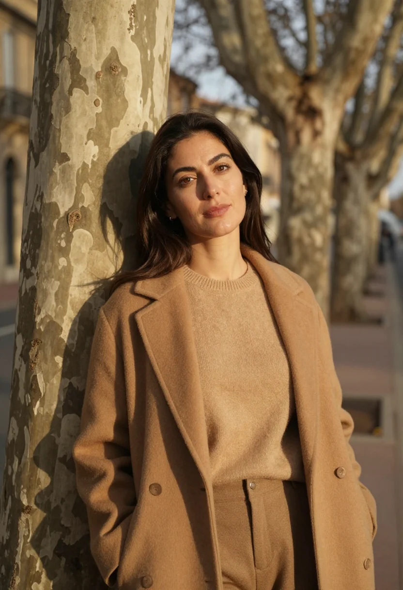AI cours mirabeau january sun camel sample — portrait of a woman, framed tight, head and shoulders, the b