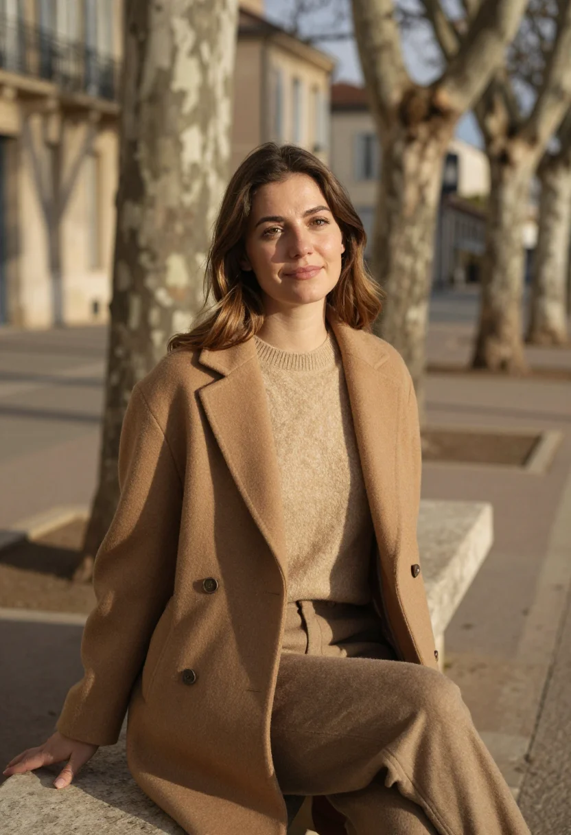 AI cours mirabeau january sun camel sample — portrait of a woman, framed chest-up, cropped at the ribs, t