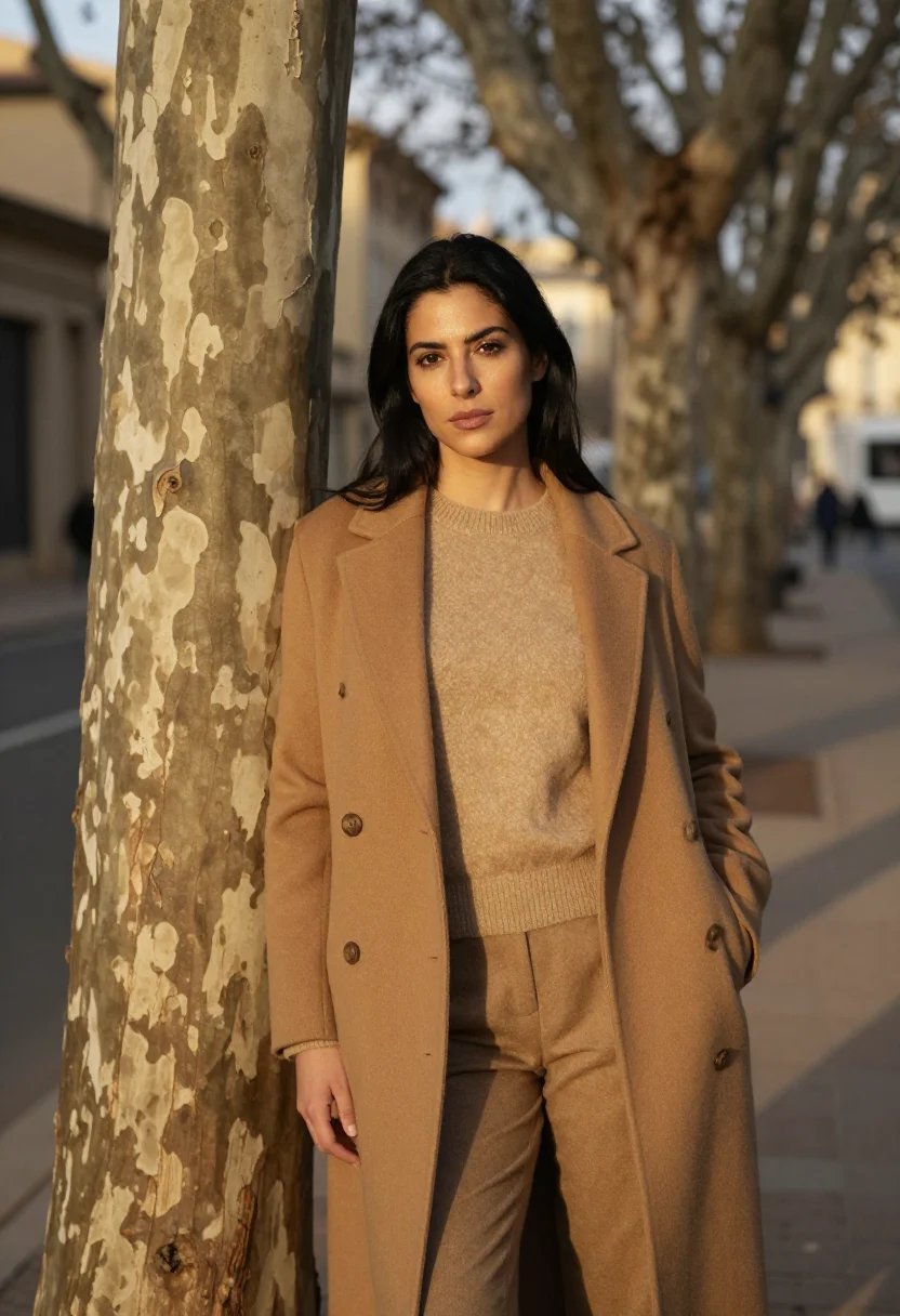 AI cours mirabeau january sun camel sample — portrait of a woman, framed half-length, cropped at the hip,