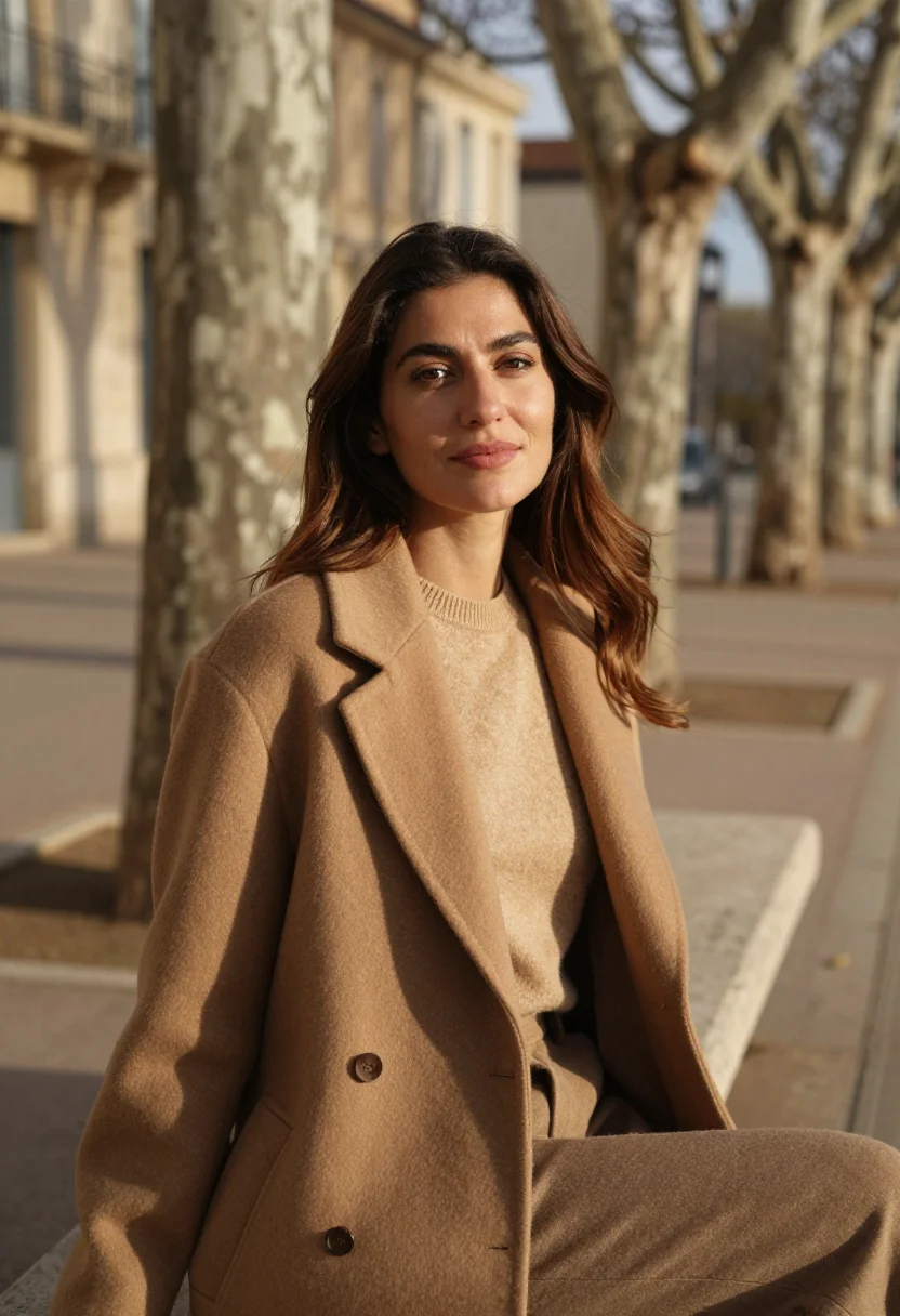 AI cours mirabeau january sun camel sample — portrait of a woman, framed tight, head and shoulders, the b