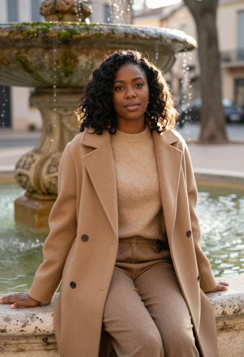 AI cours mirabeau january sun camel sample — portrait of a woman, framed chest-up, cropped at the ribs, t