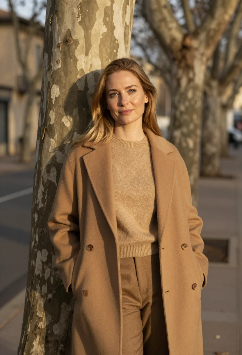 AI cours mirabeau january sun camel sample — portrait of a woman, framed chest-up, cropped at the ribs, t