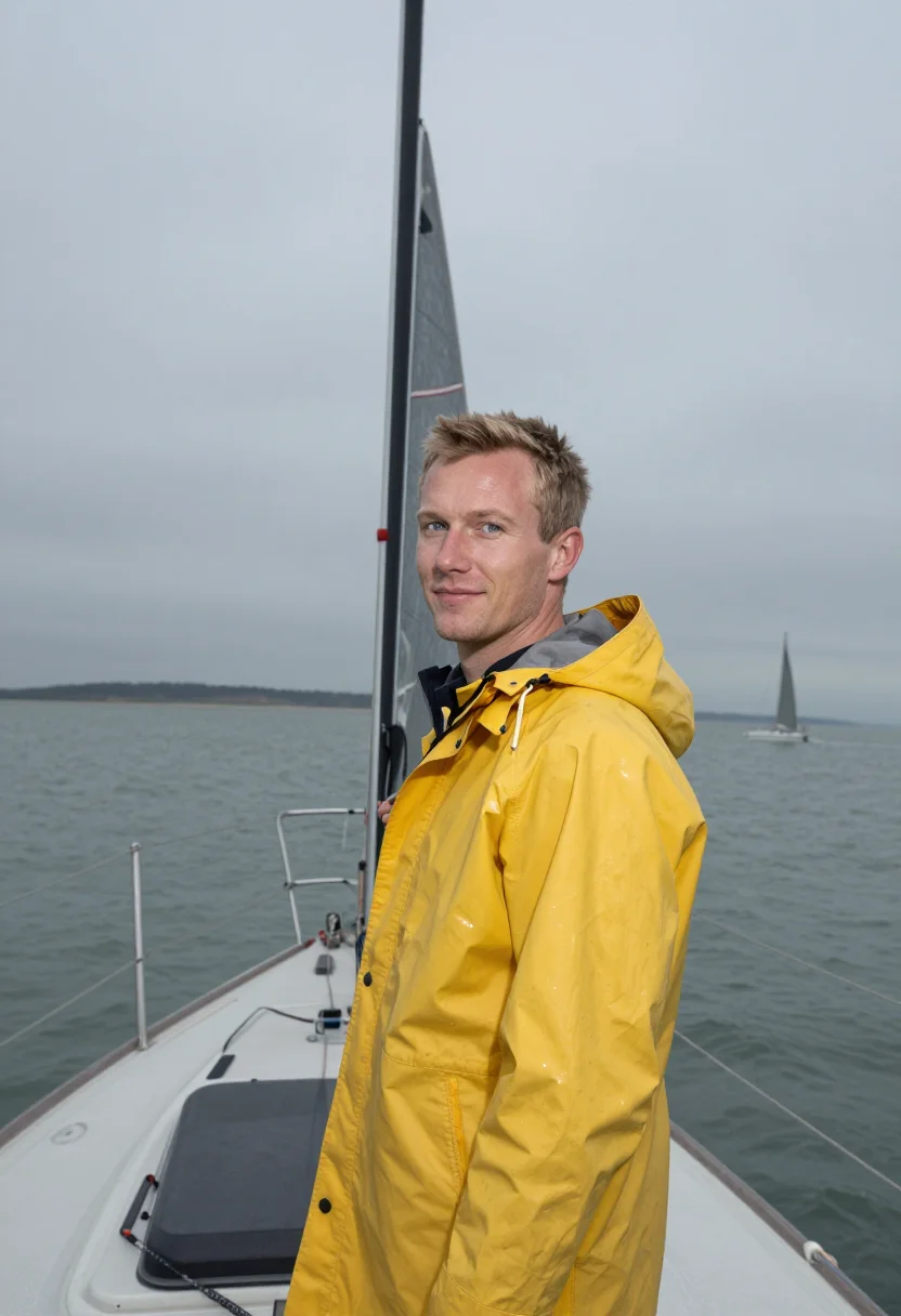 AI cowes oilskin yellow sample — portrait of a man, framed chest-up from the crown to the bre