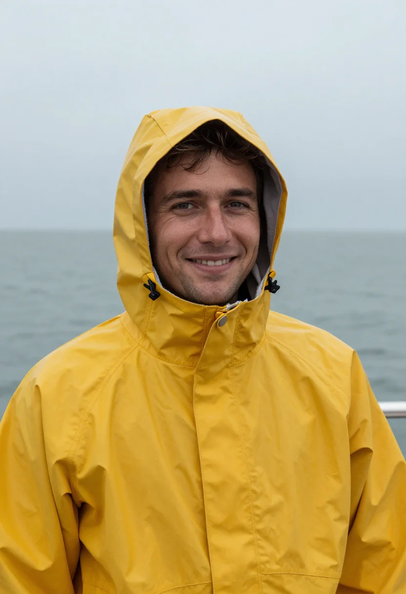 AI cowes oilskin yellow sample — portrait of a man, framed tight, head and shoulders, the bod