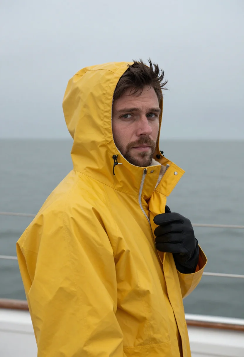 AI cowes oilskin yellow sample — portrait of a man, framed chest-up from the crown to the bre