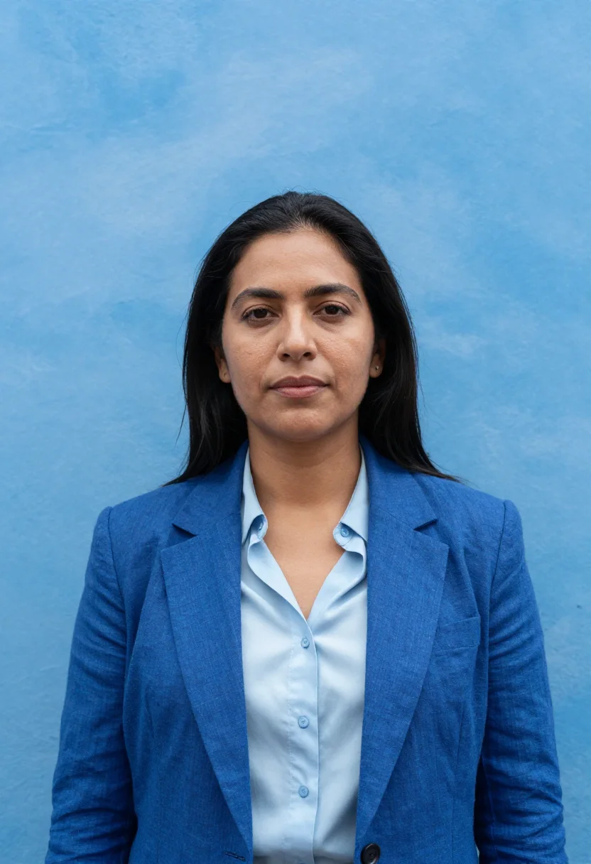 AI coyoacan gallerist cobalt blue sample — portrait of a woman, a Mexican gallerist in her late thirtie