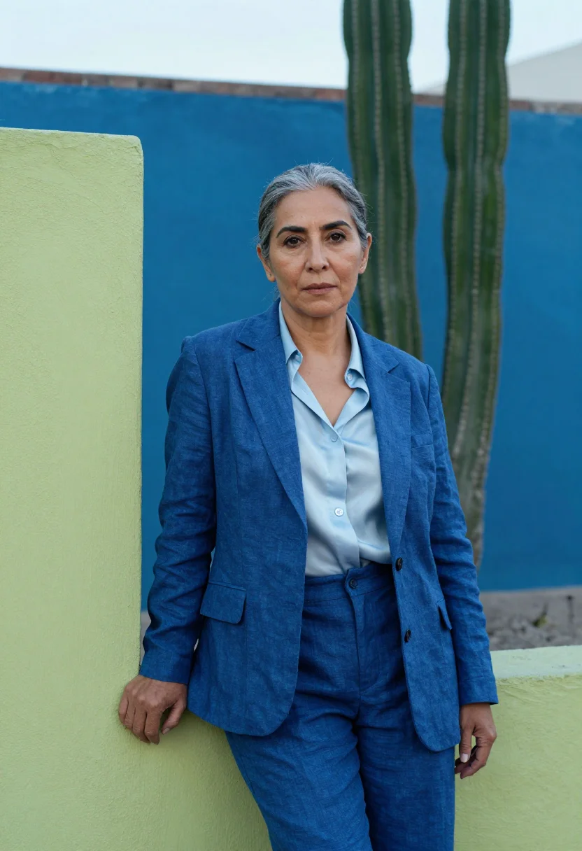 AI coyoacan gallerist cobalt blue sample — portrait of a woman, a Mexican gallerist in her mid-fifties