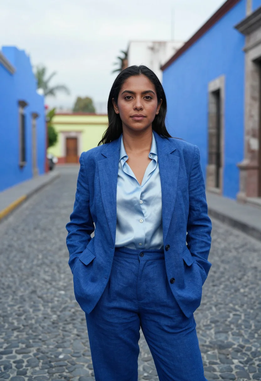 AI coyoacan gallerist cobalt blue sample — portrait of a woman, a Mexican gallerist in her late twentie