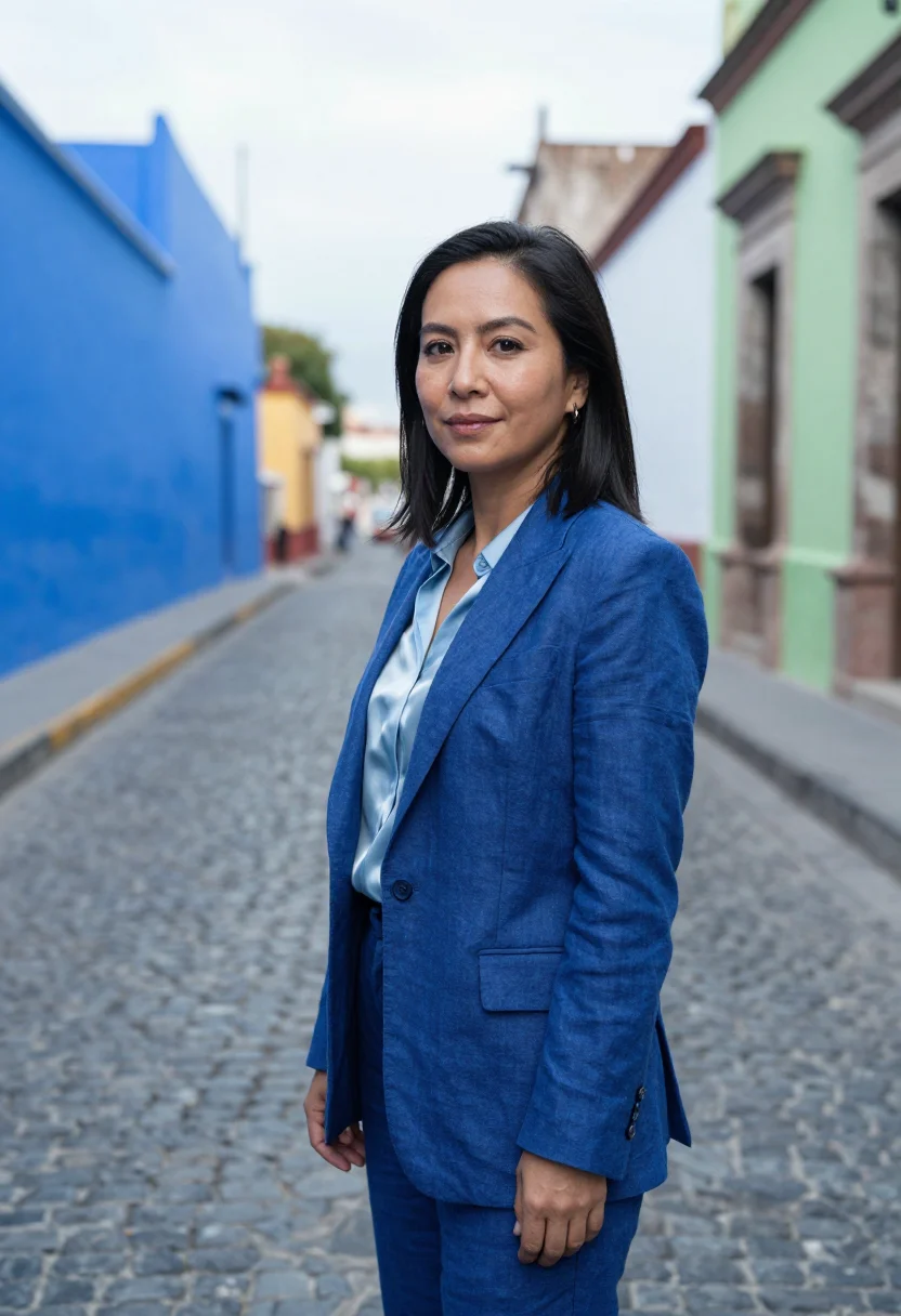 AI coyoacan gallerist cobalt blue sample — portrait of a woman, a Japanese-Mexican gallerist in her ear