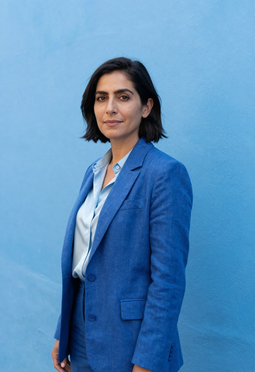 AI coyoacan gallerist cobalt blue sample — portrait of a woman, a Spanish gallerist in her mid-forties