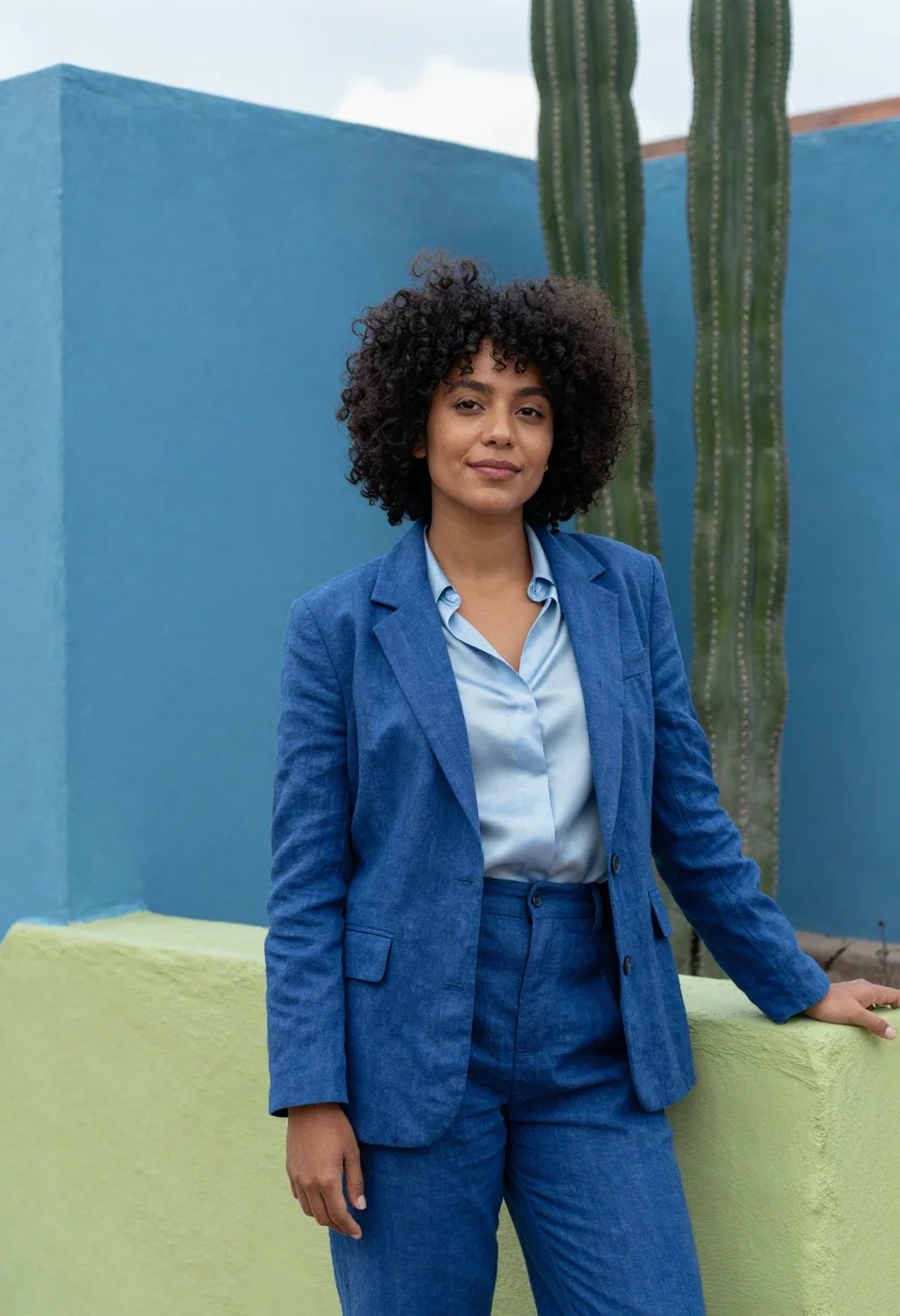 AI coyoacan gallerist cobalt blue sample — portrait of a woman, an Afro-Mexican gallerist in her mid-th