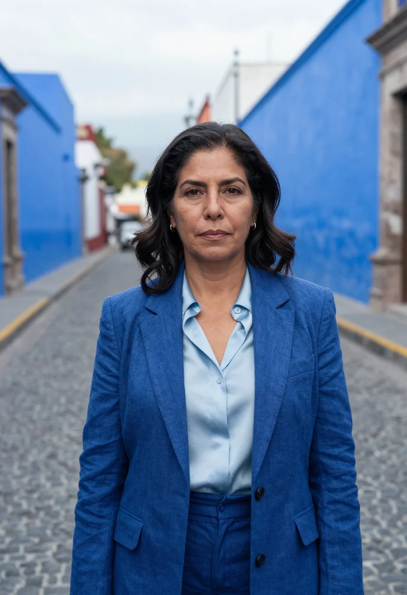 AI coyoacan gallerist cobalt blue sample — portrait of a woman, a Mexican gallerist in her late forties