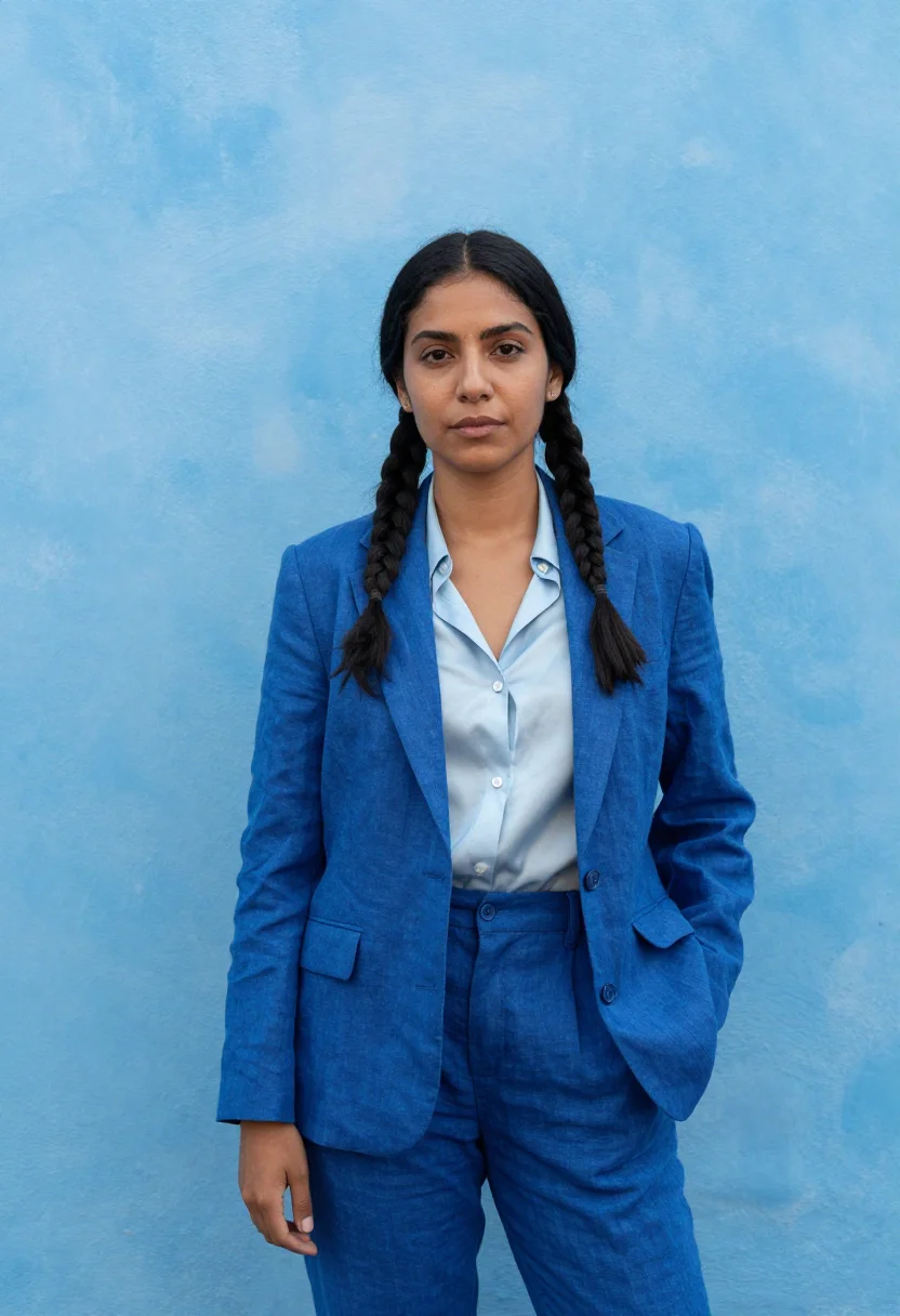 AI coyoacan gallerist cobalt blue sample — portrait of a woman, a Mexican gallerist in her early thirti