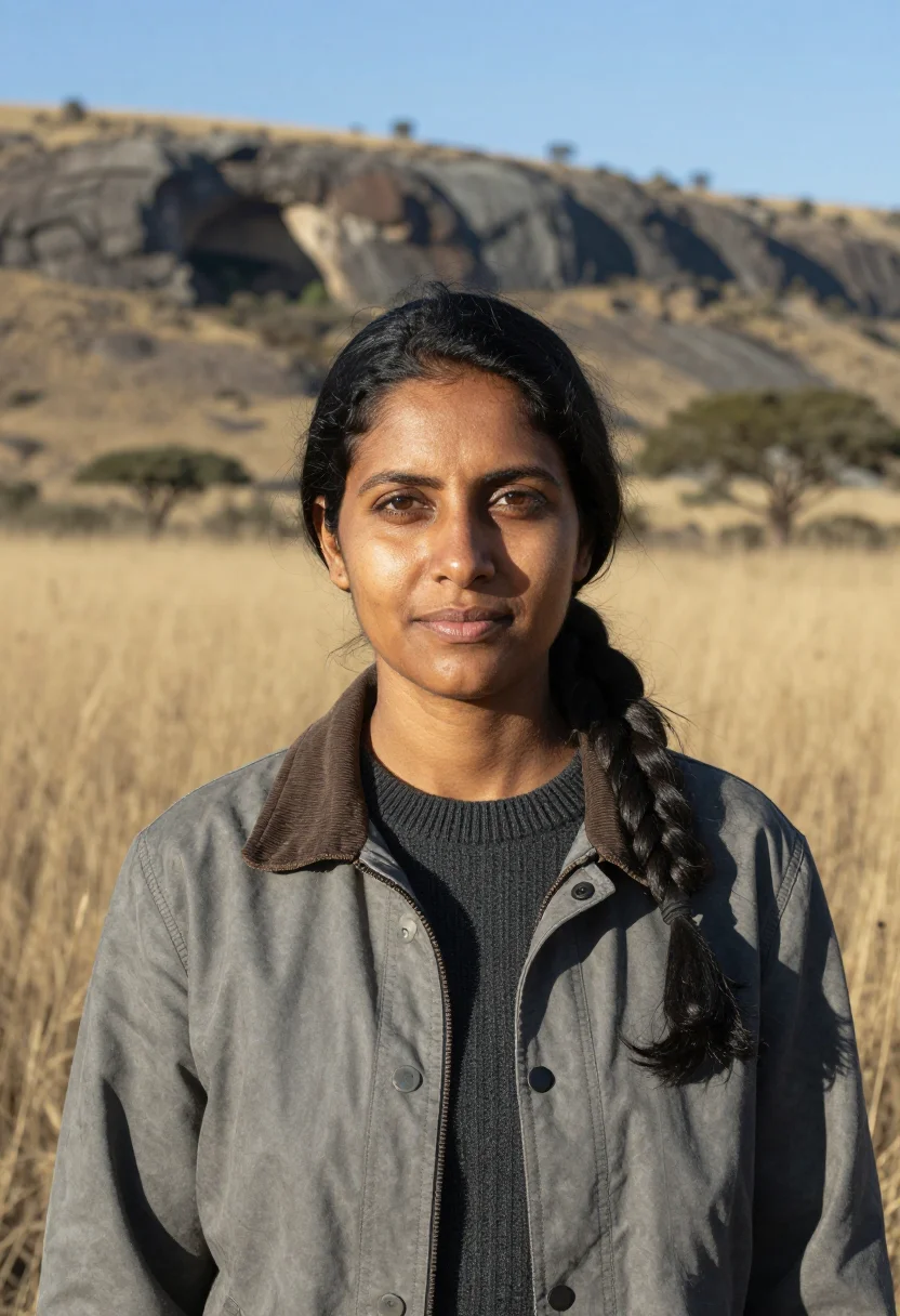 AI cradle of humankind palaeontologist dolomite grey sample — portrait of a woman, a palaeontologist in her late thirties