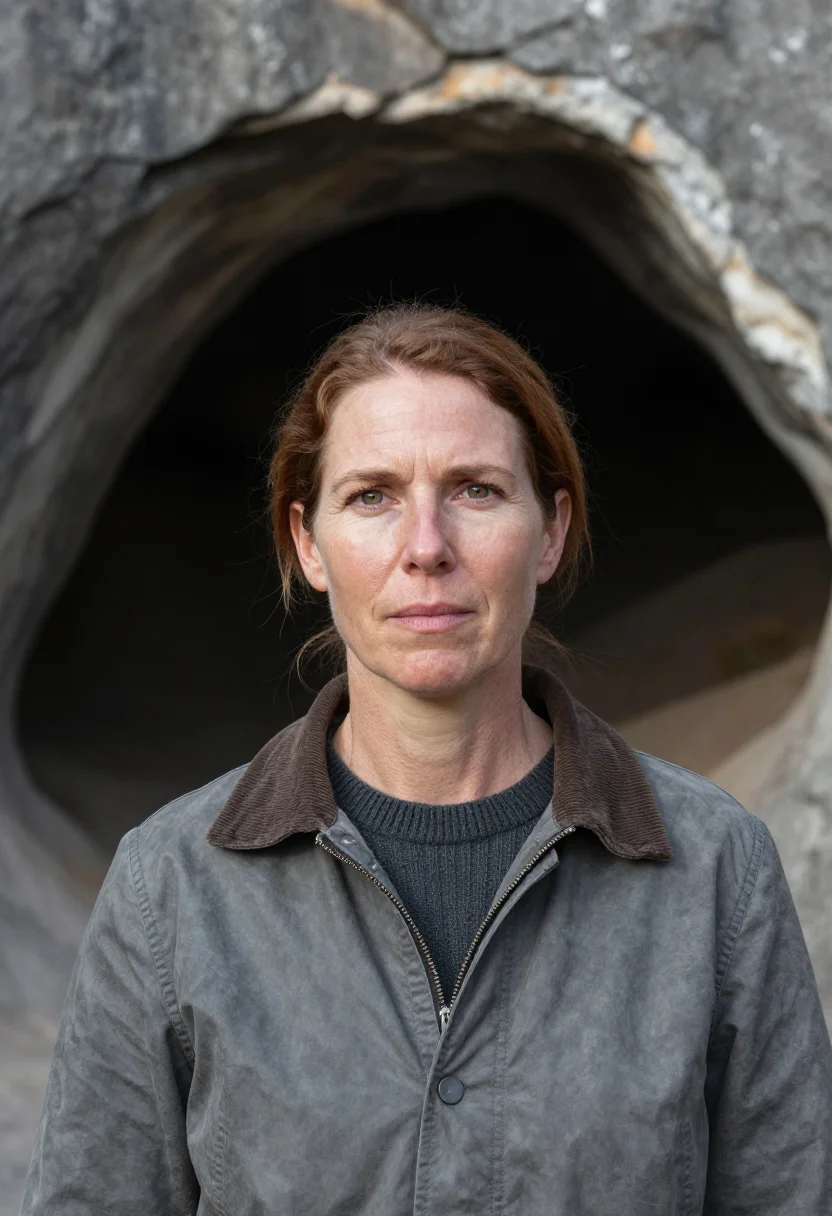 AI cradle of humankind palaeontologist dolomite grey sample — portrait of a woman, a palaeontologist in her late forties o