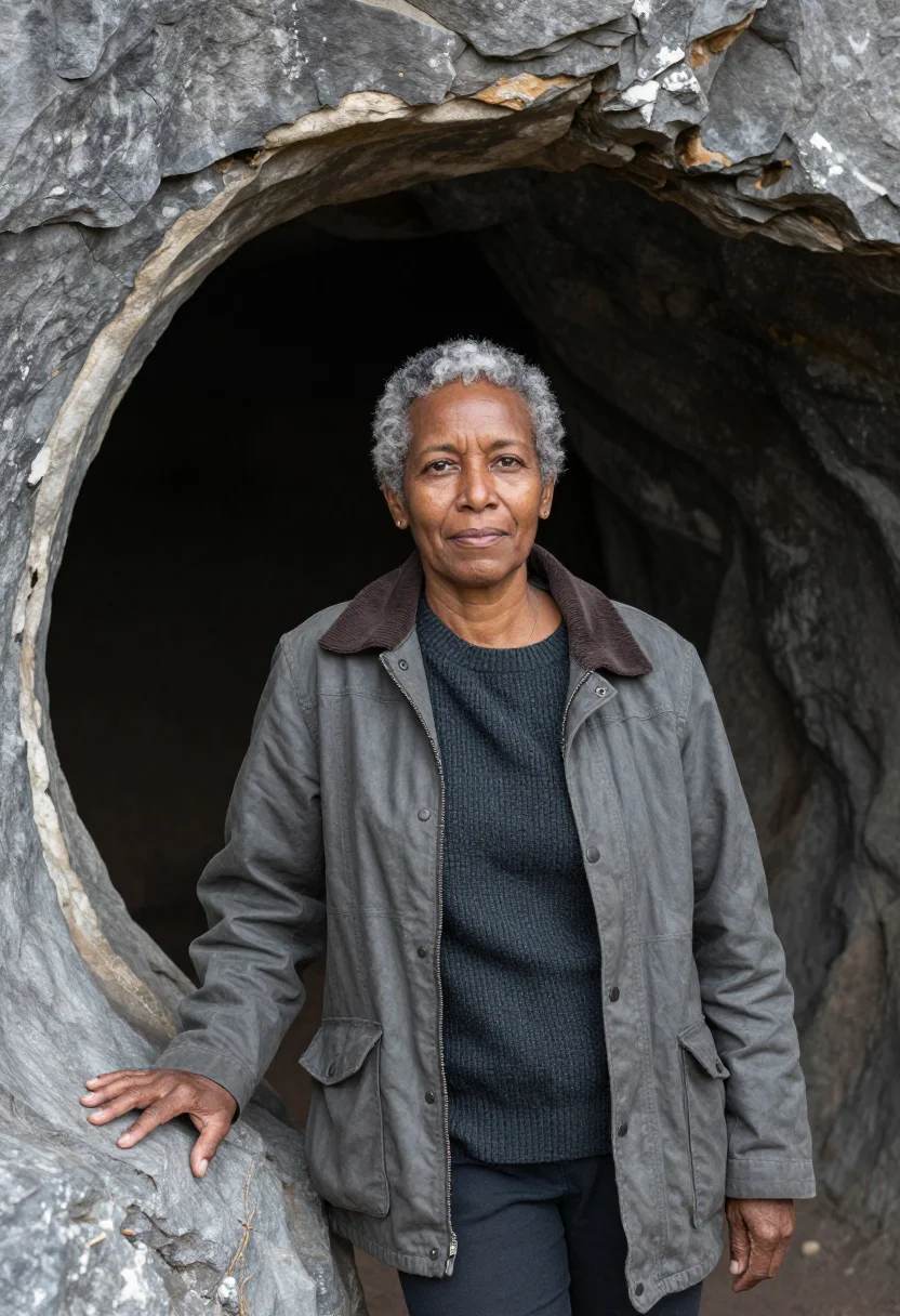 AI cradle of humankind palaeontologist dolomite grey sample — portrait of a woman, a palaeontologist in her early sixties