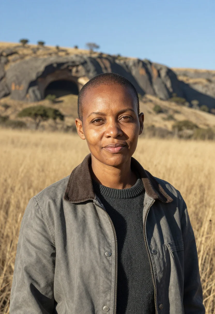 AI cradle of humankind palaeontologist dolomite grey sample — portrait of a woman, a palaeontologist in her mid-forties of