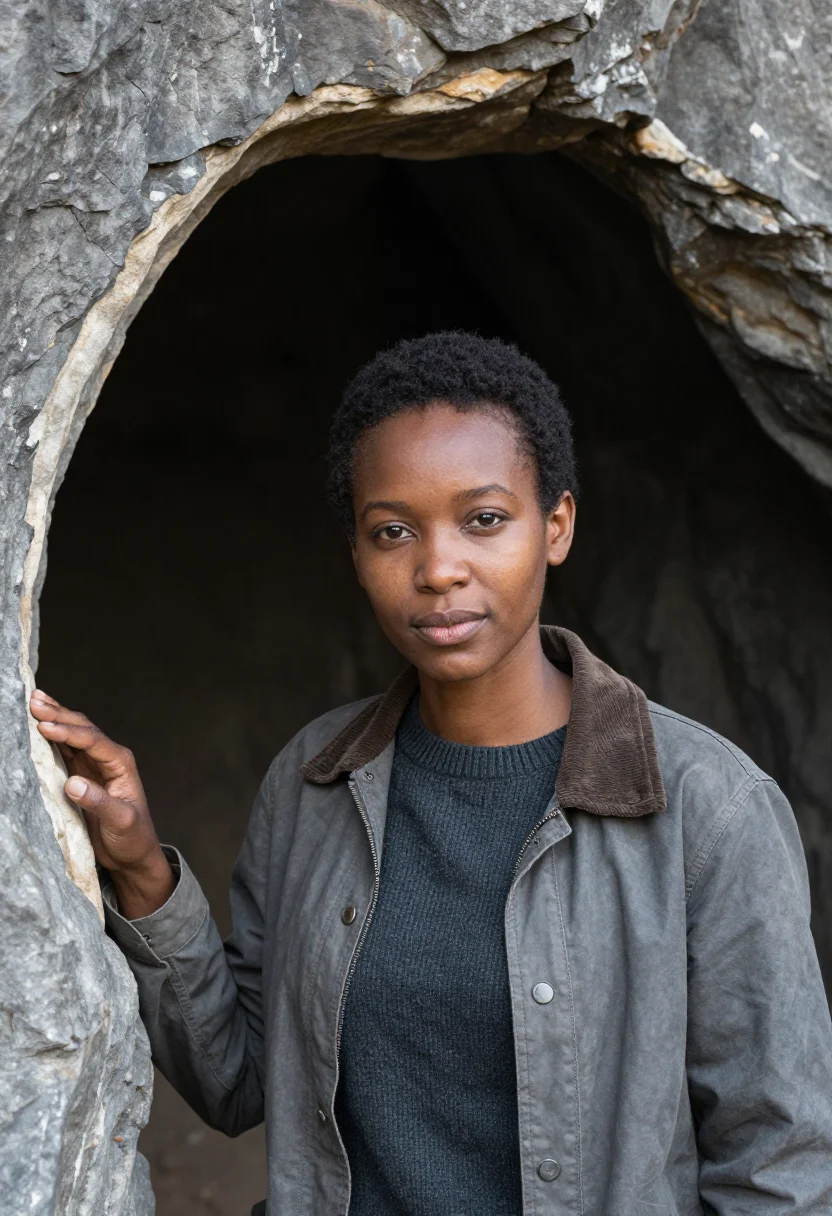 AI cradle of humankind palaeontologist dolomite grey sample — portrait of a woman, a palaeontologist in her early thirties