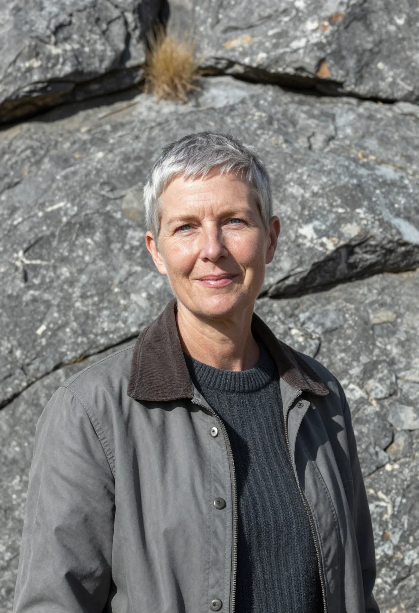 AI cradle of humankind palaeontologist dolomite grey sample — portrait of a woman, a palaeontologist in her mid-fifties of