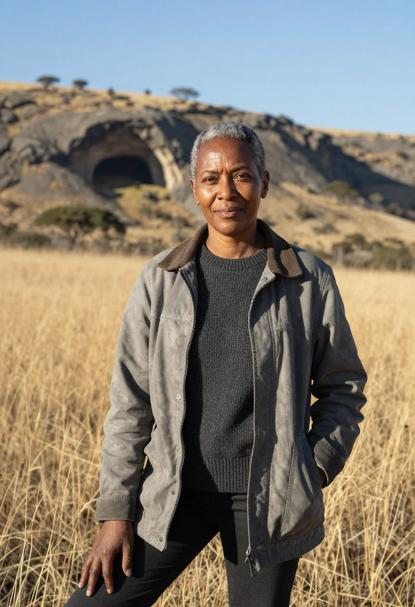 AI cradle of humankind palaeontologist dolomite grey sample — portrait of a woman, a palaeontologist in her early fifties