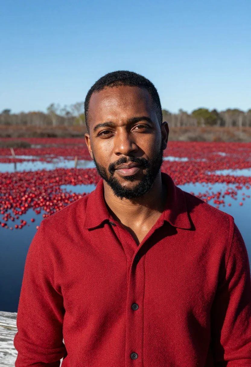 AI cranberry harvest bog red sample — portrait of a man, chest-up portrait of a Cape Verdean-Ameri