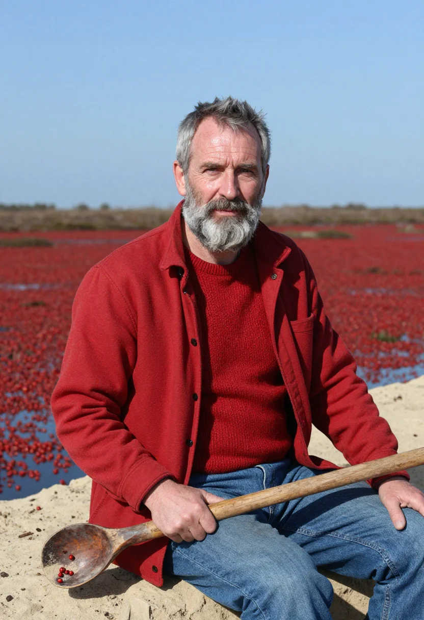 AI cranberry harvest bog red sample — portrait of a man, waist-up portrait of an Irish-American ma