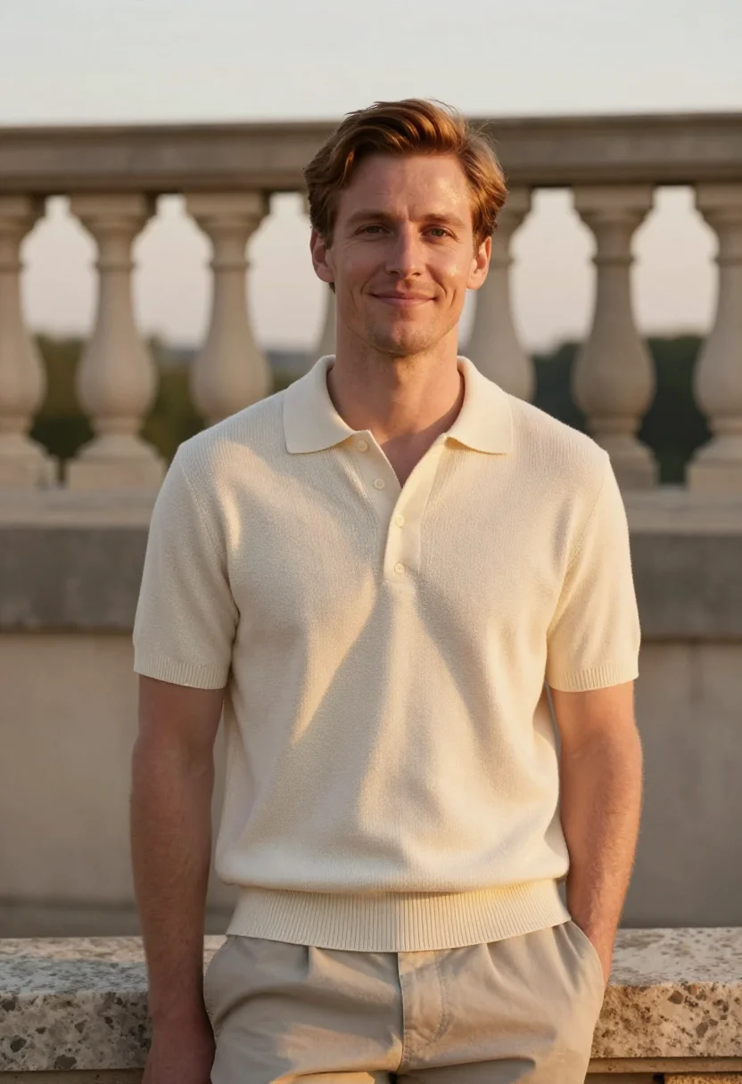 AI cream knit polo spring profile sample — portrait of a man, an Austrian man with fair skin, hazel eye