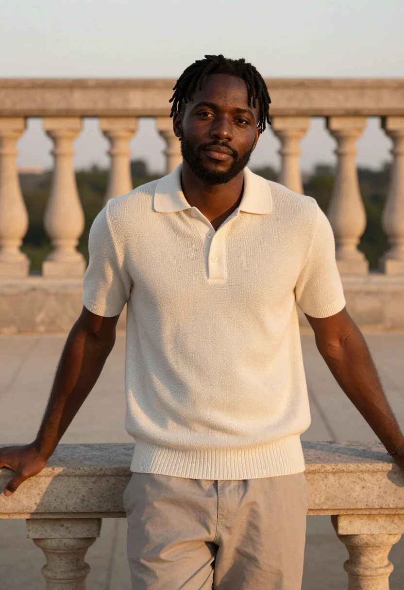 AI cream knit polo spring profile sample — portrait of a man, a Black French man with deep brown skin,